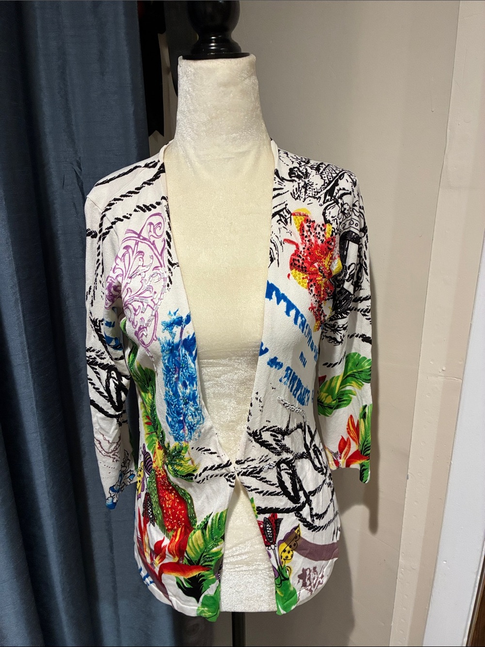 Alberto Malaki Beaded Floral Print Top in White with Blue & Green Accents